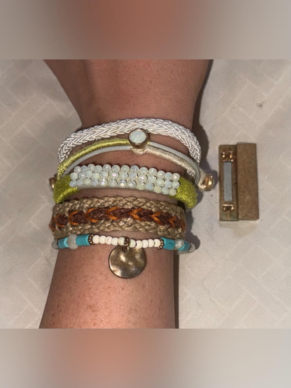 Plunder Layered Bracelet Set in White, Green, Tan and Turquoise